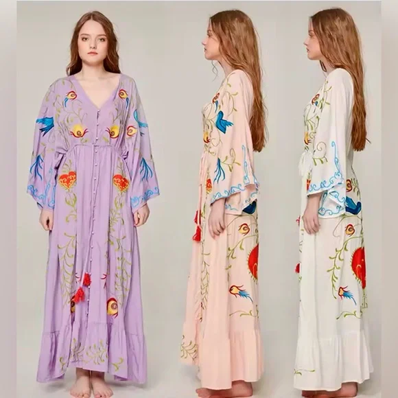 Boho Chic Floral & Bird Embroidered Flowy Maxi Dress V Neck wedding maternity - Picture 7 of 8